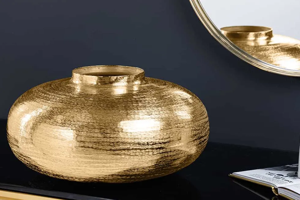 Moderne Deko Vase ABSTRACT ORIENT 35cm gold rund Metall Hammerschlag-Design