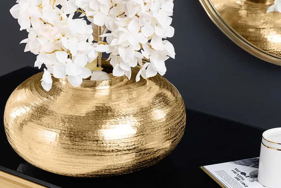 Moderne Deko Vase ABSTRACT ORIENT 35cm gold rund Metall Hammerschlag-Design