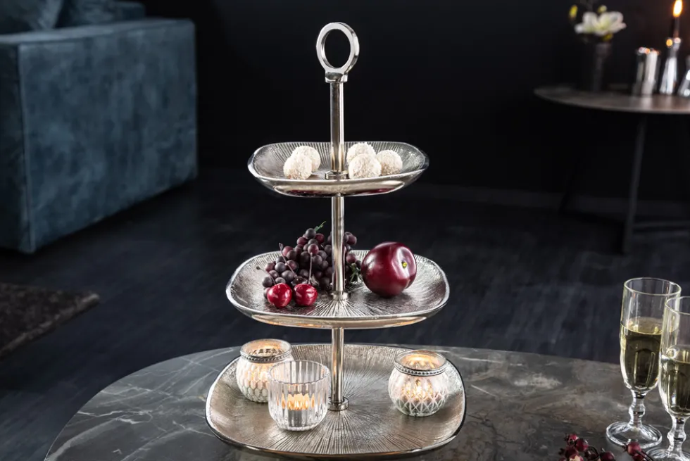 Moderne Etagere ORIENT 45cm silber Hammerschlag-Design mit drei Etagen