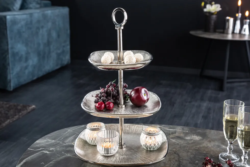 Moderne Etagere ORIENT 45cm silber Hammerschlag-Design mit drei Etagen