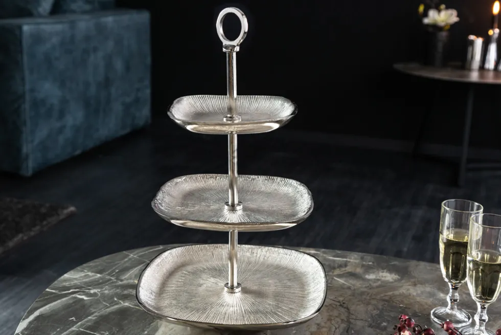 Moderne Etagere ORIENT 45cm silber Hammerschlag-Design mit drei Etagen