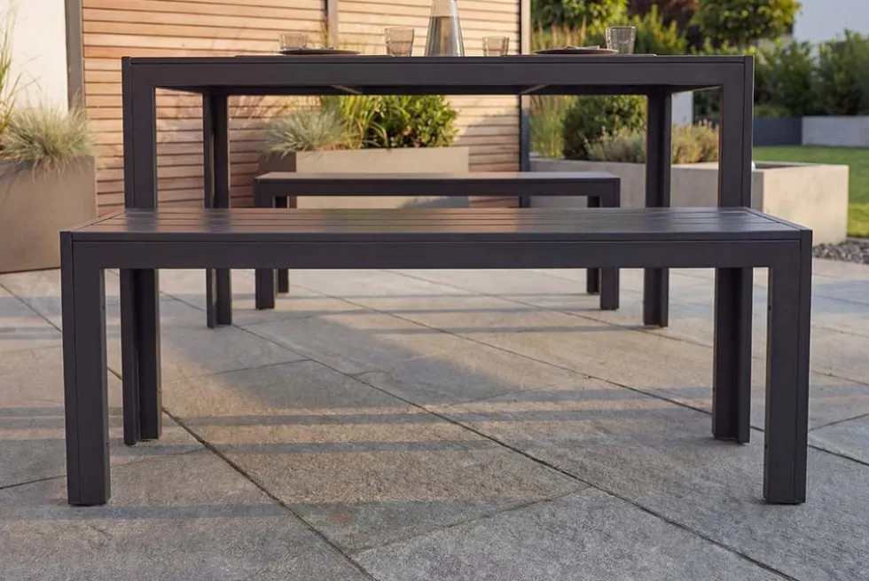 Moderne Gartenbank DESIGNO 130cm anthrazit schwarz Aluminium wetterfest Outdoor Sitzbank