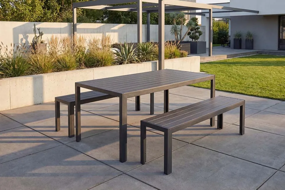 Moderne Gartenbank DESIGNO 130cm anthrazit schwarz Aluminium wetterfest Outdoor Sitzbank