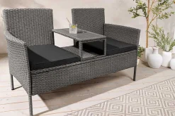 Moderne Gartenbank PORTOFINO 140cm grau Polyrattan Outdoor Sitzbank mit Tisch wetterfest