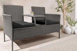 Moderne Gartenbank PORTOFINO 140cm grau Polyrattan Outdoor Sitzbank mit Tisch wetterfest