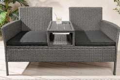 Moderne Gartenbank PORTOFINO 140cm grau Polyrattan Outdoor Sitzbank mit Tisch wetterfest