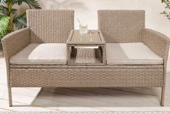 Moderne Gartenbank PORTOFINO 140cm natur beige Polyrattan Sitzbank mit Tisch wetterfest