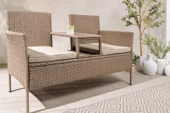 Moderne Gartenbank PORTOFINO 140cm natur beige Polyrattan Sitzbank mit Tisch wetterfest