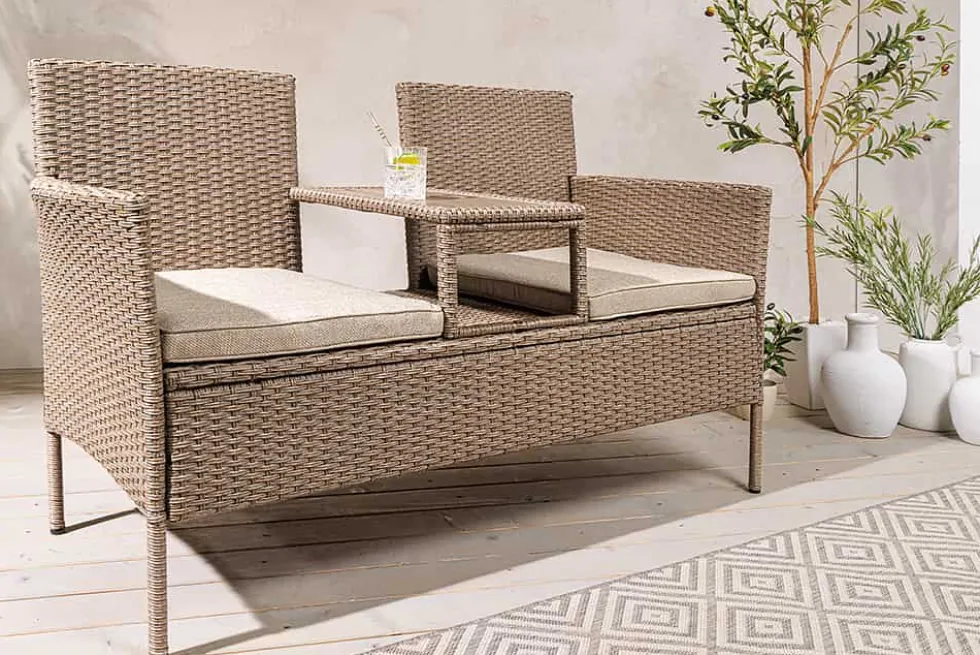 Moderne Gartenbank PORTOFINO 140cm natur beige Polyrattan Sitzbank mit Tisch wetterfest