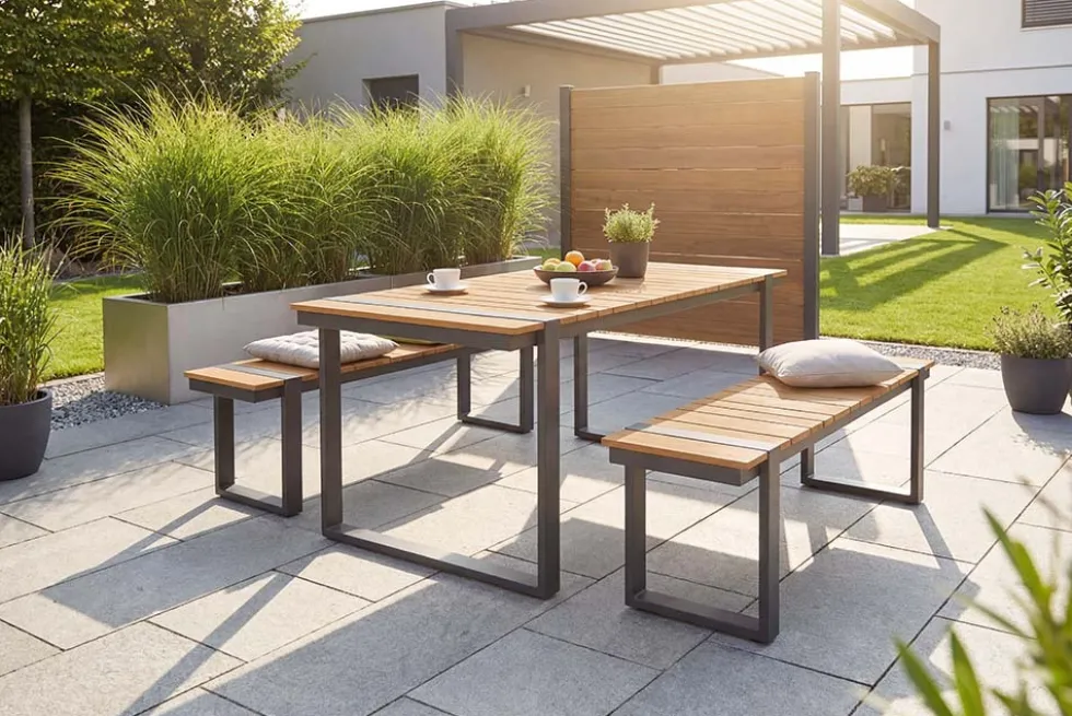 Moderne Outdoor Sitzbank TAMPA LOUNGE 125cm grau natur Aluminium Metall Holz-Design wetterfest