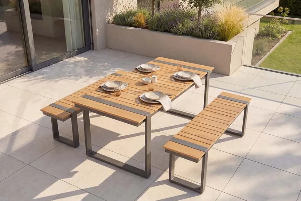 Moderne Outdoor Sitzbank TAMPA LOUNGE 125cm grau natur Aluminium Metall Holz-Design wetterfest