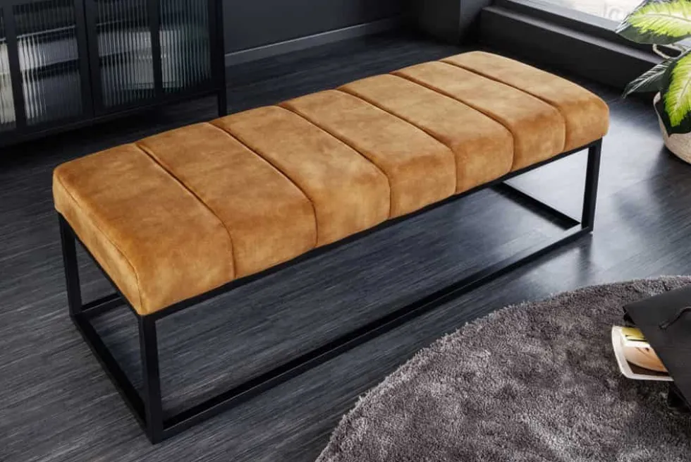 Moderne Sitzbank PETIT BEAUTÉ 110cm senfgelb Samt schwarzes Metallgestell