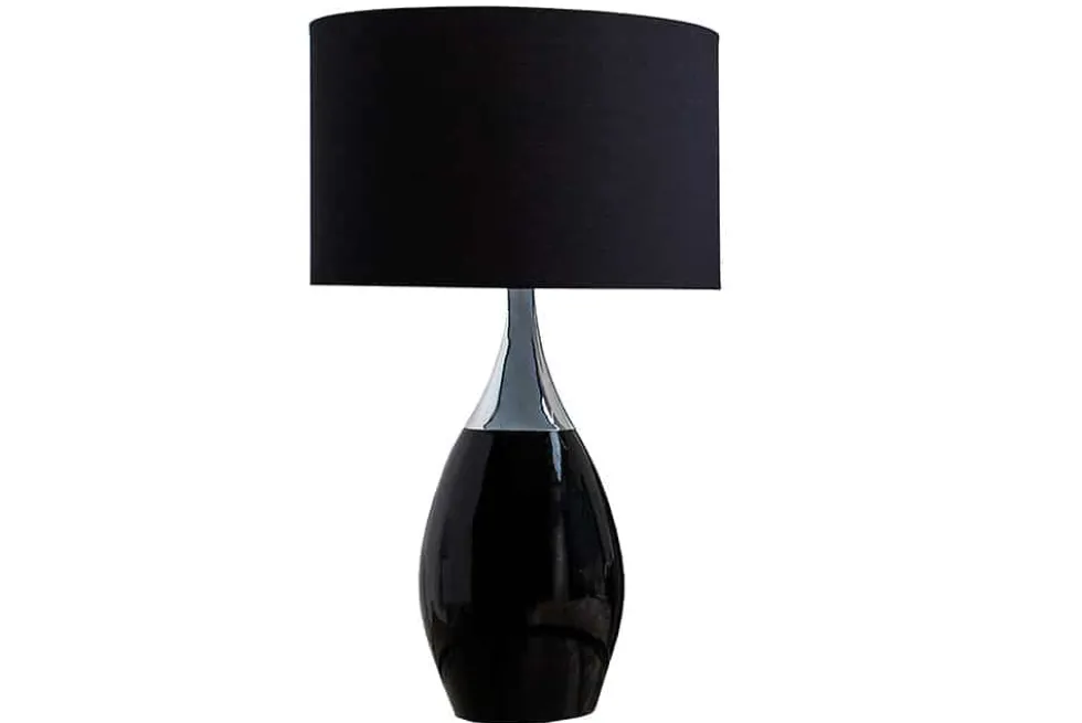 Moderne Tischlampe CARLA 60cm schwarz silber mit Leinenschirm