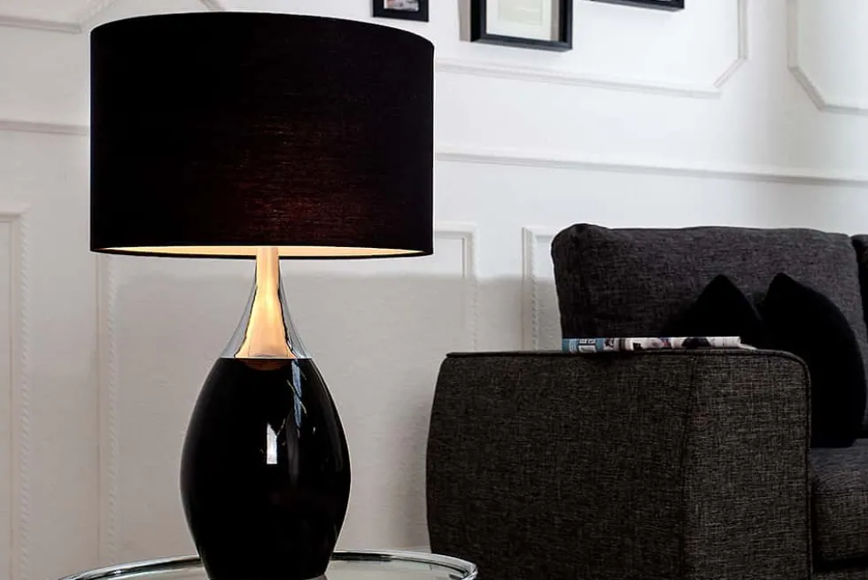 Moderne Tischlampe CARLA 60cm schwarz silber mit Leinenschirm