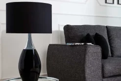 Moderne Tischlampe CARLA 60cm schwarz silber mit Leinenschirm