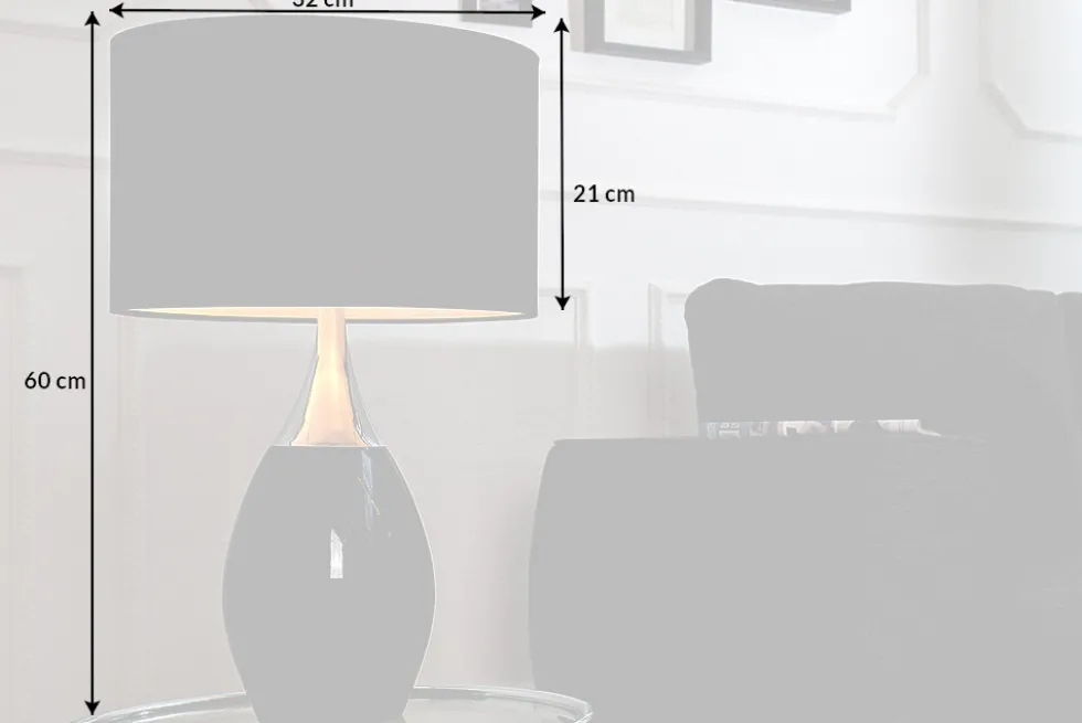 Moderne Tischlampe CARLA 60cm schwarz silber mit Leinenschirm