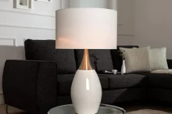 Moderne Tischlampe CARLA 60cm weiß silber mit Leinenschirm