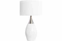 Moderne Tischlampe CARLA 60cm weiß silber mit Leinenschirm
