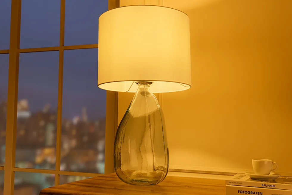 Moderne Tischlampe CLASSIC 60cm transparent recyceltes Glas weiß Stoffschirm
