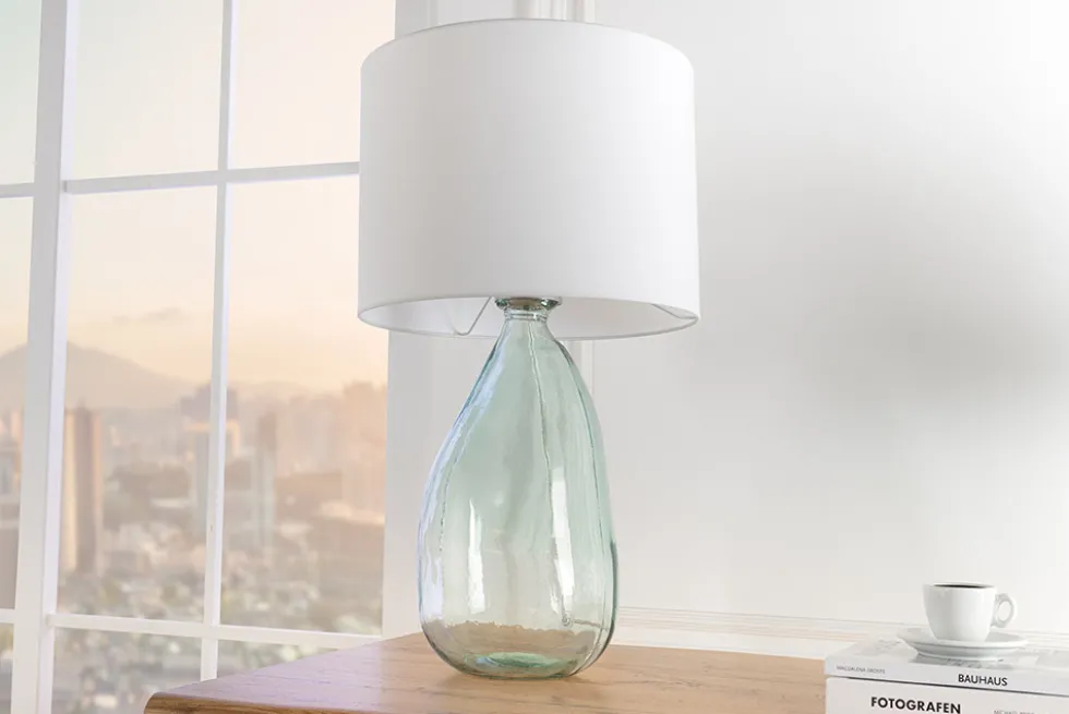 Moderne Tischlampe CLASSIC 60cm transparent recyceltes Glas weiß Stoffschirm