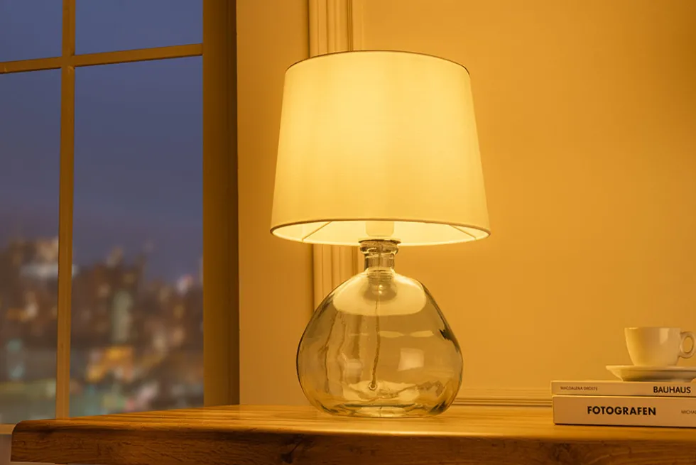 Moderne Tischlampe CLASSIC 45cm transparent recyceltes Glas weiß Stoffschirm