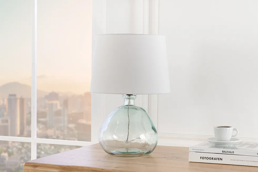 Moderne Tischlampe CLASSIC 45cm transparent recyceltes Glas weiß Stoffschirm