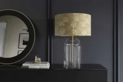Moderne Tischlampe CLASSICO 60cm transparent Glas weiß gold Leinenschirm