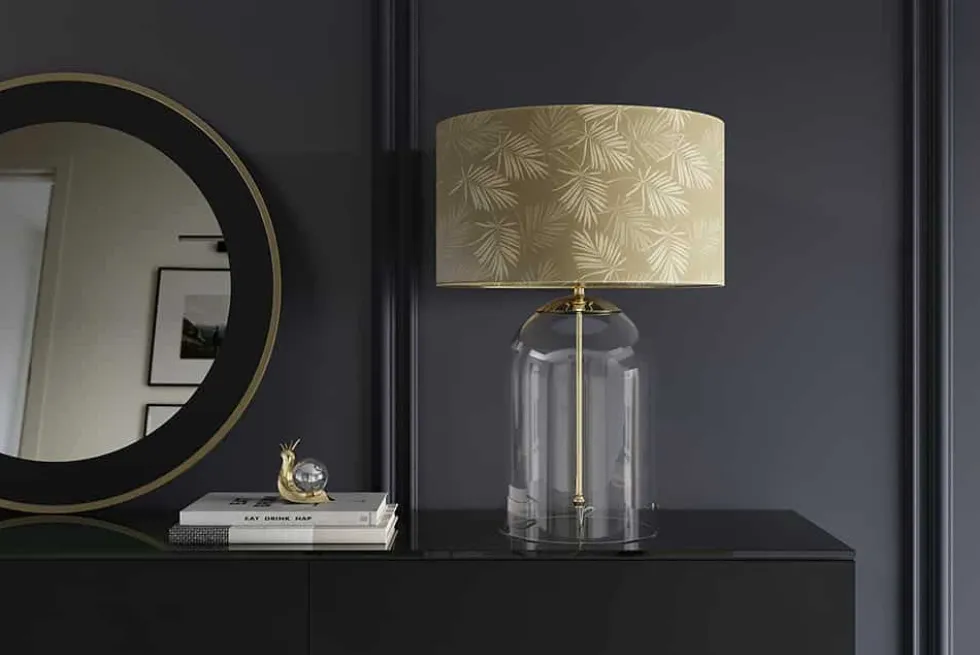 Moderne Tischlampe CLASSICO 60cm transparent Glas weiß gold Leinenschirm