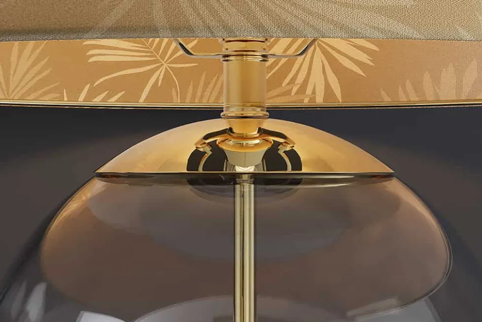 Moderne Tischlampe CLASSICO 60cm transparent Glas weiß gold Leinenschirm