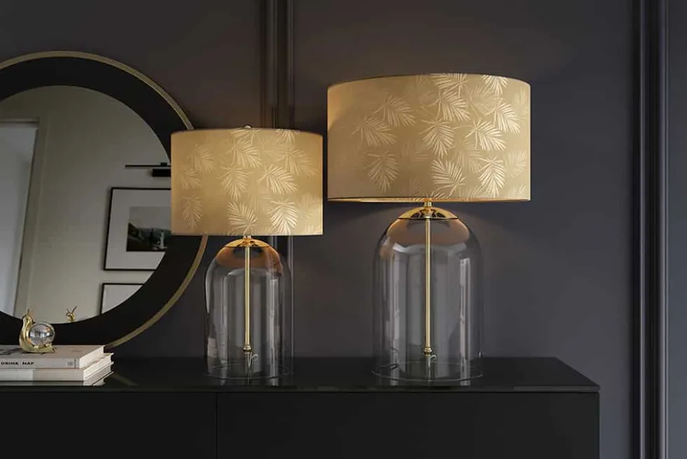 Moderne Tischlampe CLASSICO 60cm transparent Glas weiß gold Leinenschirm