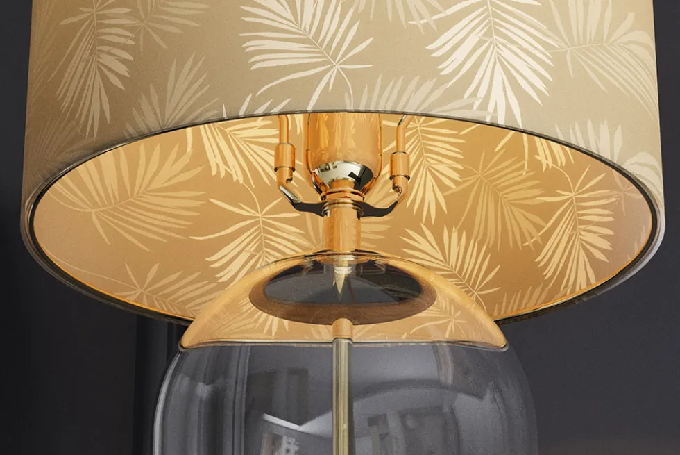 Moderne Tischlampe CLASSICO 50cm transparent Glas weiß gold Leinenschirm
