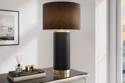 Moderne Tischlampe ELEGANCIA 70cm schwarz gold Keramik rund Stoffschirm