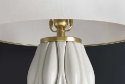 Moderne Tischlampe ELEGANCIA 65cm weiß gold Keramik weißer Leinenschirm
