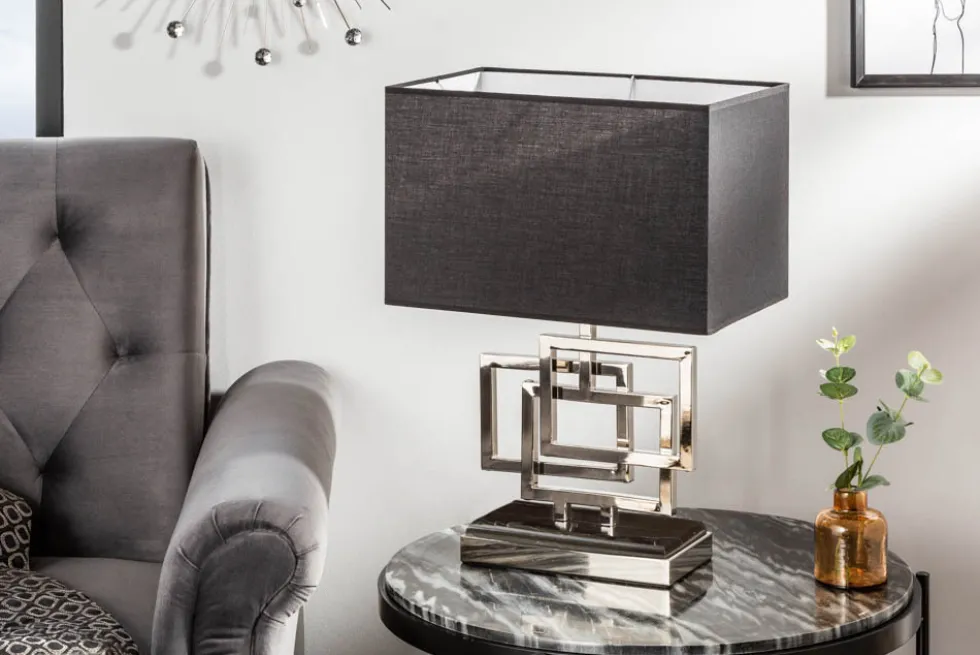Moderne Tischleuchte ATLANTIS 56cm silber Stoffschirm schwarz Marmor Lampe