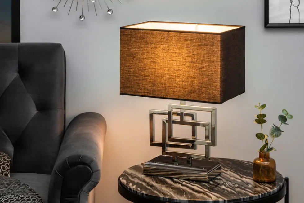 Moderne Tischleuchte ATLANTIS 56cm silber Stoffschirm schwarz Marmor Lampe