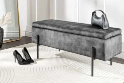 Moderne Truhenbank LOFT 100cm grau Samt Sitzbank mit Stauraum gespolstert schwarz Metall