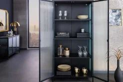 Moderne Vitrine AMSTERDAM 160cm schwarz gold Riffelglas Metall Highboard Schrank