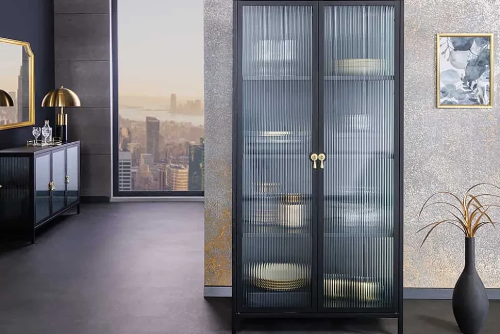 Moderne Vitrine AMSTERDAM 160cm schwarz gold Riffelglas Metall Highboard Schrank
