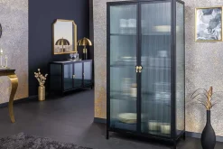 Moderne Vitrine AMSTERDAM 160cm schwarz gold Riffelglas Metall Highboard Schrank