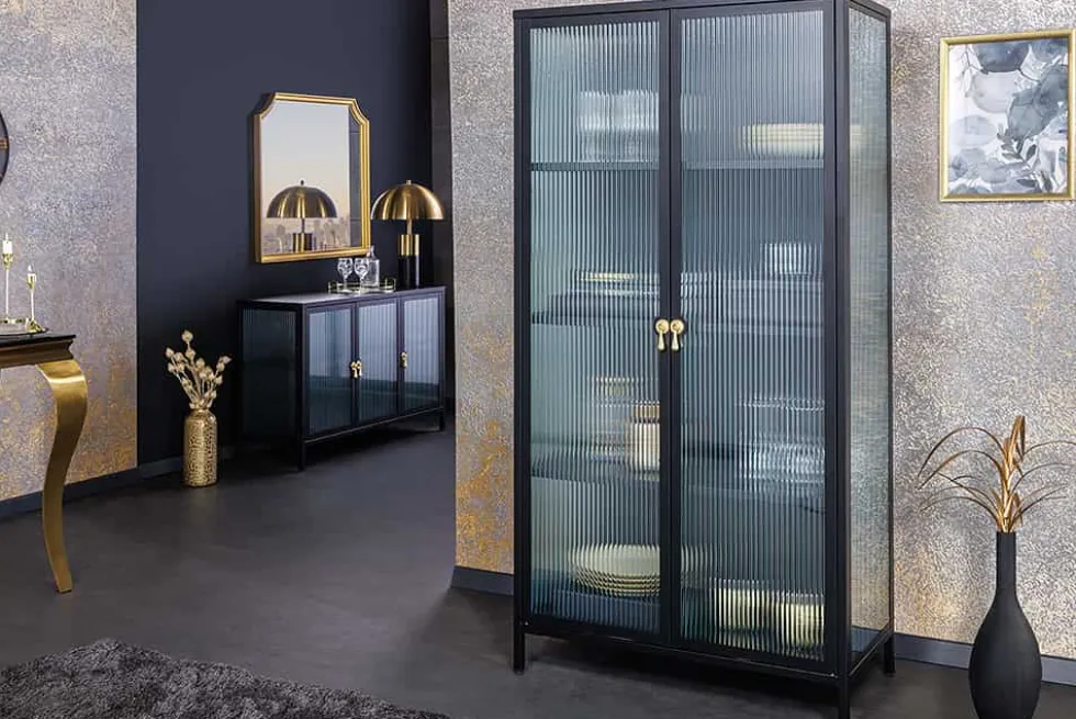 Moderne Vitrine AMSTERDAM 160cm schwarz gold Riffelglas Metall Highboard Schrank