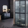 Moderne Vitrine AMSTERDAM 180cm schwarz gold Riffelglas Metall Highboard Schrank