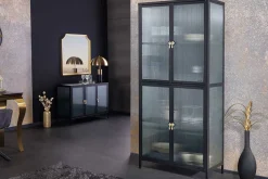 Moderne Vitrine AMSTERDAM 180cm schwarz gold Riffelglas Metall Highboard Schrank