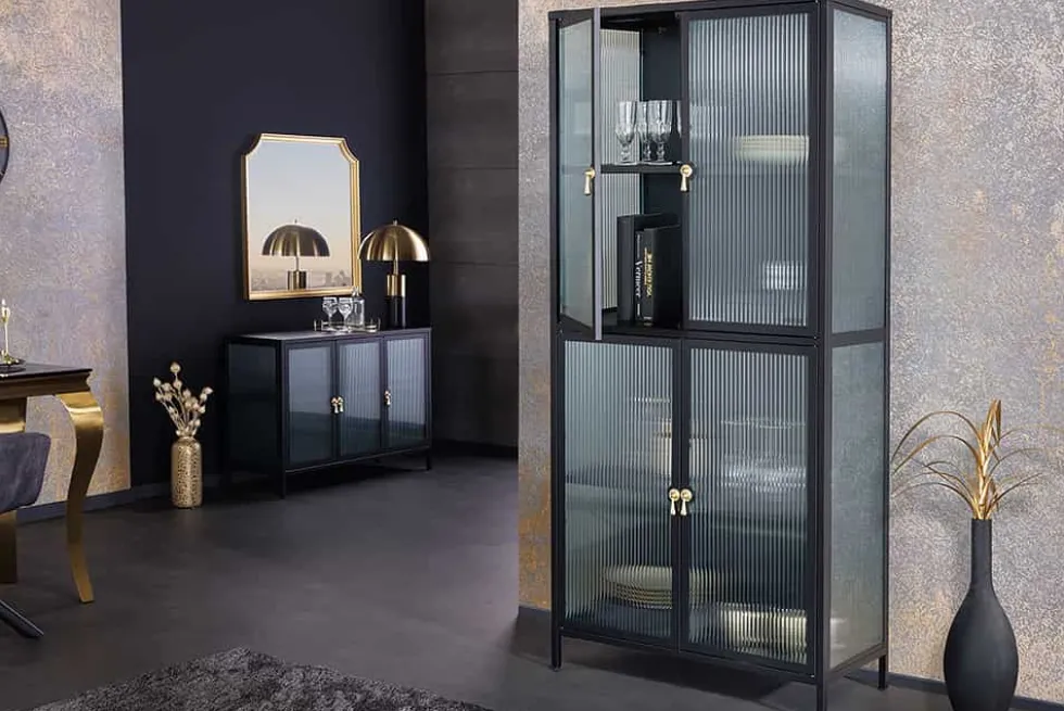 Moderne Vitrine AMSTERDAM 180cm schwarz gold Riffelglas Metall Highboard Schrank