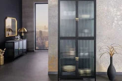 Moderne Vitrine AMSTERDAM 180cm schwarz gold Riffelglas Metall Highboard Schrank