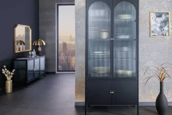 Moderne Vitrine PARIS 180cm schwarz gold Riffelglas Metall Highboard Schrank