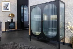 Moderne Vitrine PARIS 110cm schwarz gold Riffelglas Metall Sideboard Schrank