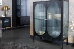 Moderne Vitrine PARIS 110cm schwarz gold Riffelglas Metall Sideboard Schrank