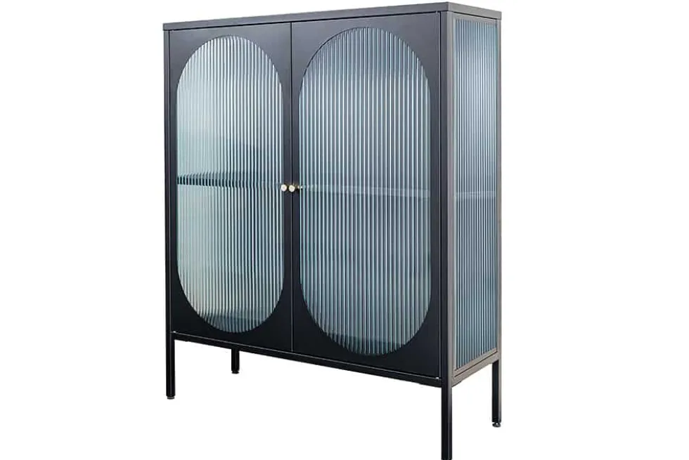 Moderne Vitrine PARIS 110cm schwarz gold Riffelglas Metall Sideboard Schrank