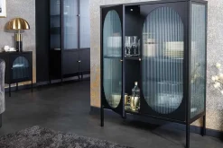 Moderne Vitrine PARIS 110cm schwarz gold Riffelglas Metall Sideboard Schrank