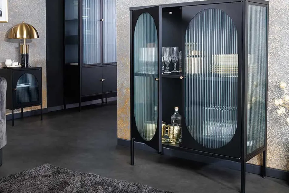 Moderne Vitrine PARIS 110cm schwarz gold Riffelglas Metall Sideboard Schrank